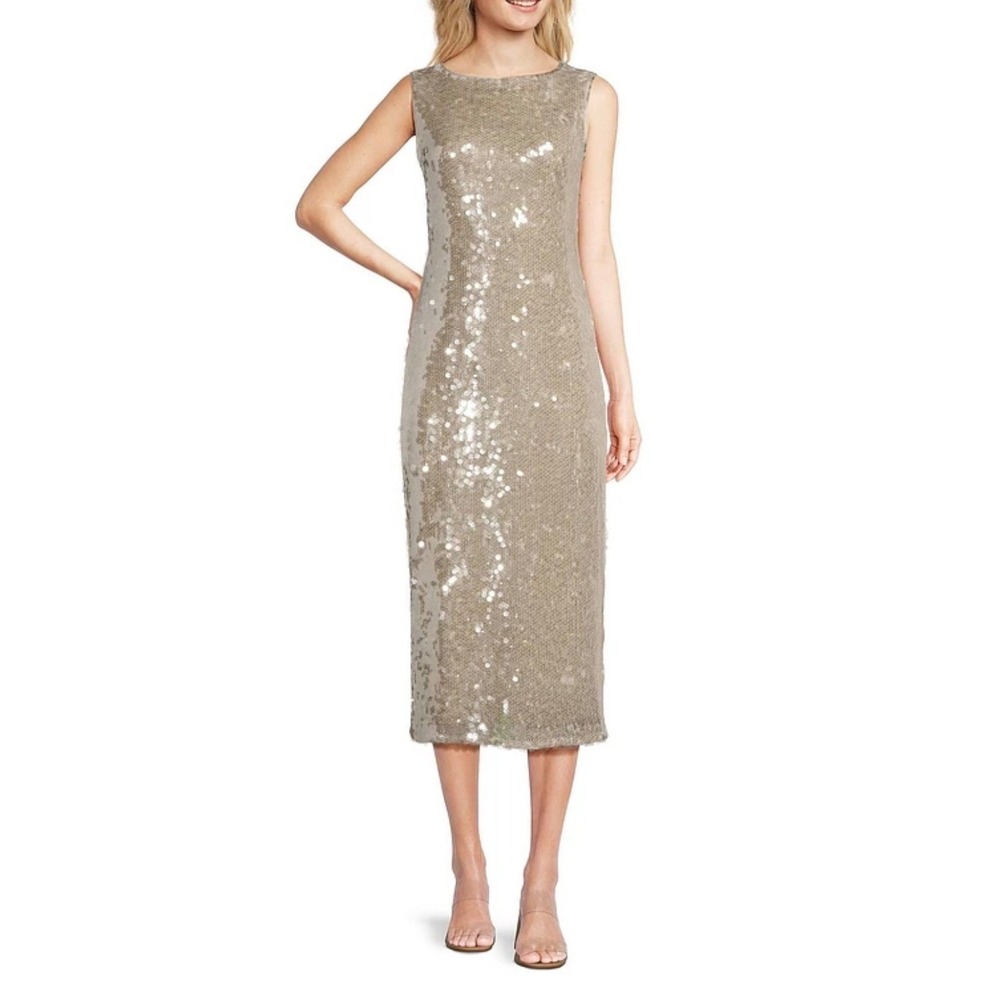 NWT Alex Marie Jade Sequin Sheath Midi Dress Champagne Silver Boat Neck Size 6